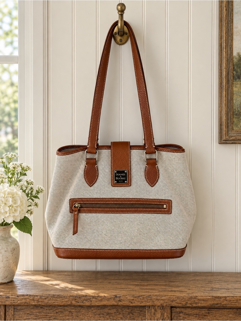 Dooney & Bourke Cream Canvas Shoulder Bag with Brown Leather Trim